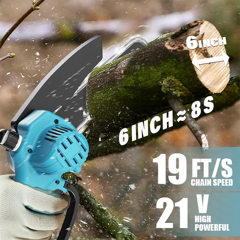 Jemi Tool 6 inch Portable Cordless Rechargeable Electric Chain Saw with Two Batteries, Equipped with Automatic Lubricator and Safety Lock,Wood Cutter, Garden orchard Pruning Tool