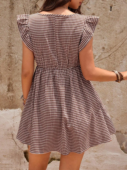 Dress for Pregnant Women 2025 Checkered Square Neck Women's Casual A-line Maternity Dress Short-sleeved Pregnancy Clothes