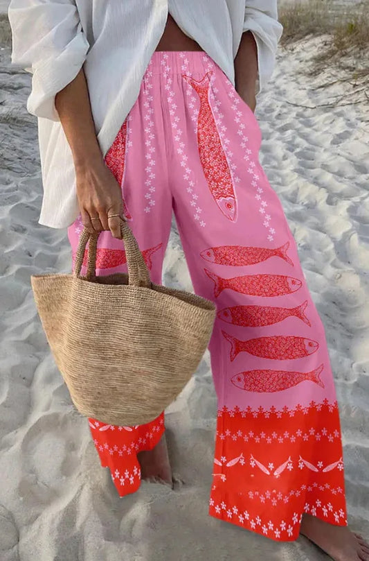 2025 Summer Womens New Casual Women's Trousers Loose Wide-leg Pants Marine Print Casual Wide-leg Beach Vacation Women's Trousers