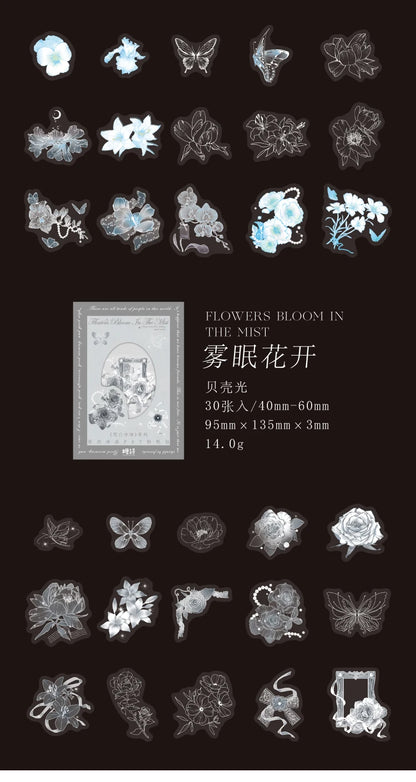 30pcs PET Transparent Stickers Plant Flowers Decorative Labels Scrapbooking Collage Material Diary Stationery Supplies