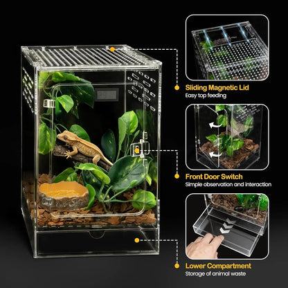 Arboreal Transparent PC Reptile Tank Vertical Terrarium Habitat Ventilated Breeding Cage for Crested Gecko, Tree Frog, Tarantula