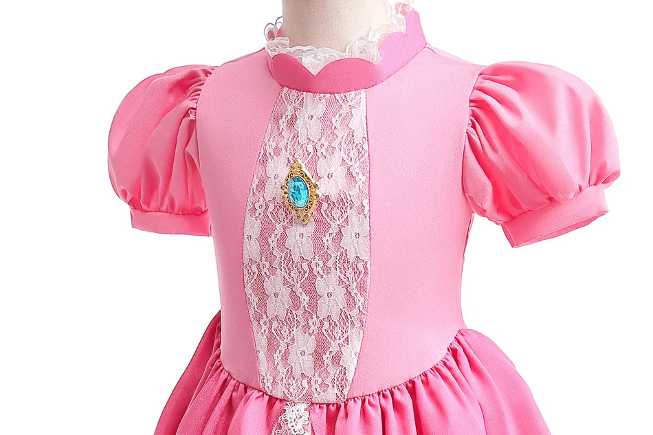 Peach Princess Costume with LED Color Light Toddler Birthday Game Role Play Dress Girl Halloween Festival Gown Pink Lace 4-8 Y