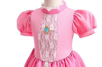 Peach Princess Costume with LED Color Light Toddler Birthday Game Role Play Dress Girl Halloween Festival Gown Pink Lace 4-8 Y