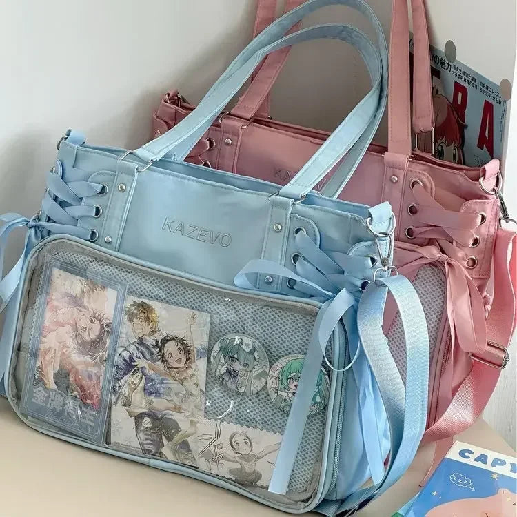 College Style Crossbody Bag with Ribbon Large Capacity for Class Book Carrying Mailman Bag Girls Bow JK Shoulder Ita Bag Handbag