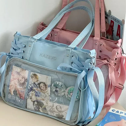College Style Crossbody Bag with Ribbon Large Capacity for Class Book Carrying Mailman Bag Girls Bow JK Shoulder Ita Bag Handbag
