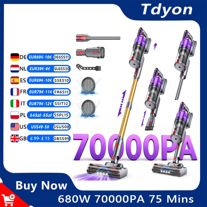 Tdyon Nova 680W 70000PA Cordless Vacuum Cleaner 75mins Long Runtime Removable Battery Self-Standing Wall Charging Vacuum Cleaner