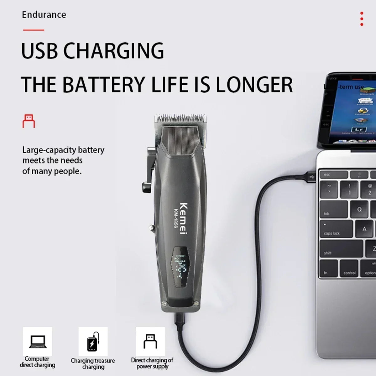 Kemei KM-1856 Professional Hair Clipper LED Display Cordless USB Interface Professional Men's Haircut Machine Hair Cutting