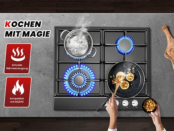 4 Burners Black Enamelled Plate 58 cm Automatic Flame Protection, Natural Gas and Propane Gas, Built-in Gas Hob
