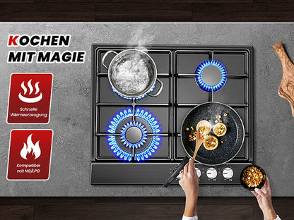 4 Burners Black Enamelled Plate 58 cm Automatic Flame Protection, Natural Gas and Propane Gas, Built-in Gas Hob