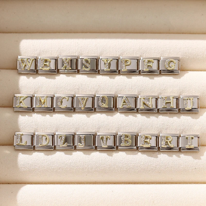New Girls Italian Bracelet 26 English Letters Charm Stainless Steel Bangle Gold Color Inlaid Zirconia DIY Making Jewelry Gifts