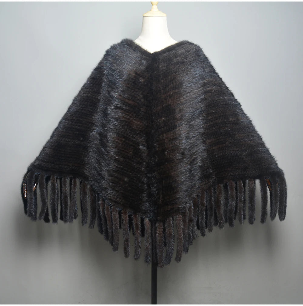 Fashion Women Fur Shawl Winter Knitted Real Mink Fur Stole With Fur Hood Knitted Mink Poncho Pashmina