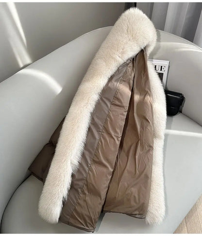High end Faux Fox fur detachable Large Lapel fur Down Jacket For women 2025 Winter New Medium long Loose White goose Down Coats