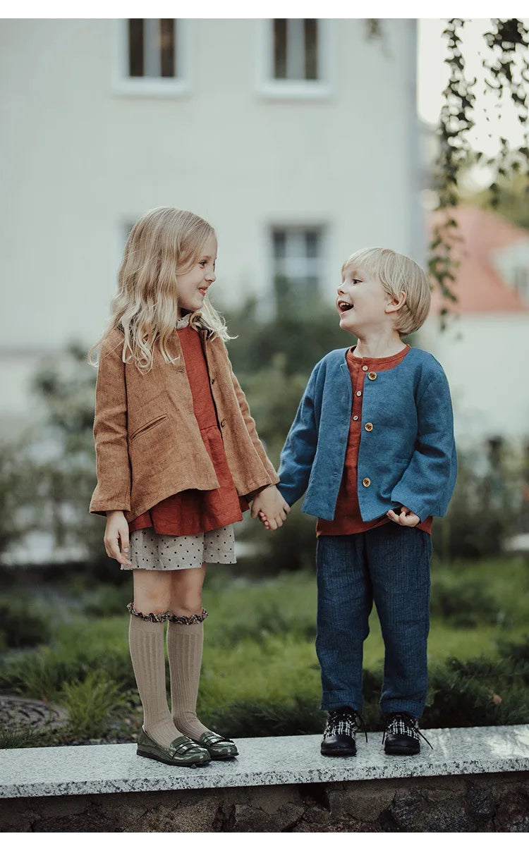 Spring Thin Retro Linen Jacket Children 2026 New Solid Color Single-Breasted Cardigan Casual Long-Sleeved Boys And Gilrs Coats