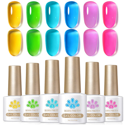 BORN PRETTY 7ml 6Pcs/Set Neon Garden Ice Jelly Gel Nail Polish Set Light Pink Blue Green Soak Off Translucent Nail Gel Kit