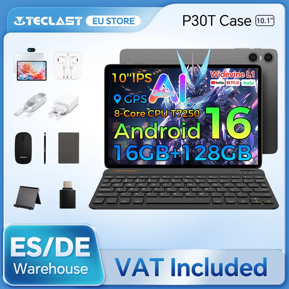 Teclast P30T Case 10.1" Tablet Ai Gemini Android 16 16Gb(3Gb+13Gb Expansion) Ram 128Gb Rom T7250 8-Core All-In-One Keyboard/Case/Mouse/Stylus/Earphones/Tablet Stand