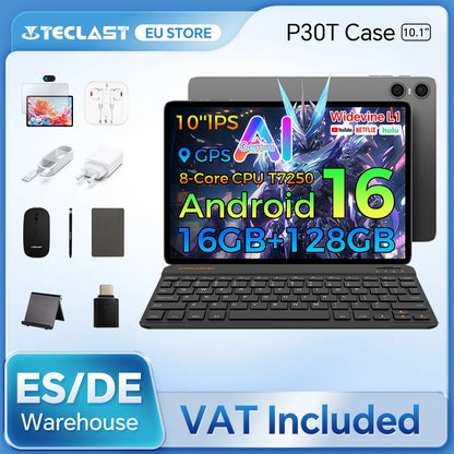 Teclast P30T Case 10.1" Tablet Ai Gemini Android 16 16Gb(3Gb+13Gb Expansion) Ram 128Gb Rom T7250 8-Core All-In-One Keyboard/Case/Mouse/Stylus/Earphones/Tablet Stand