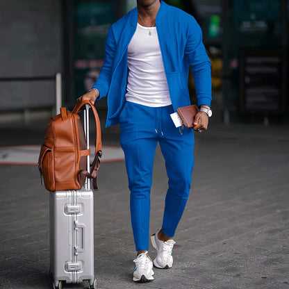 Autumn Winter Men's Casual Blazer Set New Fashion Waffle Baseball Suit Round Neck Pocket Zipper Long Sleeve Trousers Two-Piece S