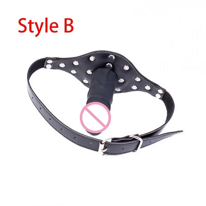 Leather Silicone Penis Mouth Gag,Dildo Gag,Double Penis Gag, Adult Bondage BDSM Restraint