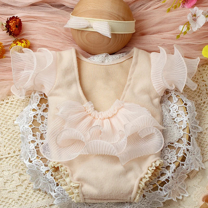 Ylsteed 2 Pieces Set Beige Newborn Photography Costume Lace Romper Bow Headband Set Baby Girl Photo Shooting Outfits