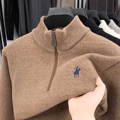 High quality half zipper knitted sweater men fashion luxury brand embroidery designer new top plush warm thick casual men's wear