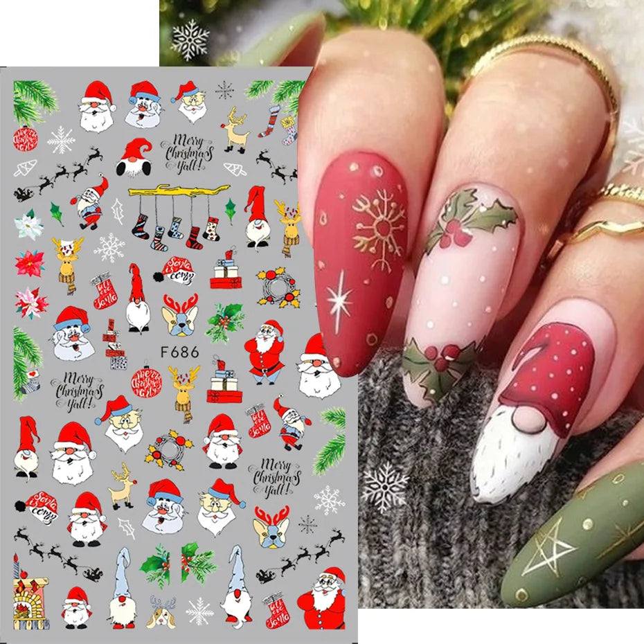 1PCS New Christmas Decorations 2023 New Year Nail Stickers Press on Nails Laser Snowflake Christmas Tree 3D Nail Decal