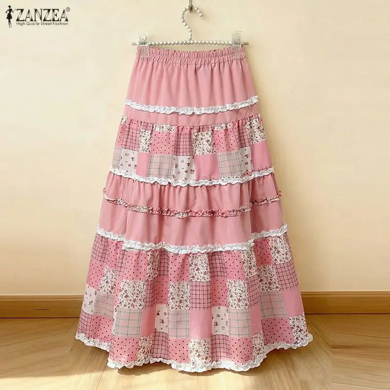 ZANZEA Oversized Long Skirts Women High Waist Print Patchwork Maxi Bottoms Casual Loose Elastic Waist Fashion Jupes Faldas Saia