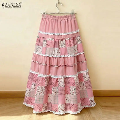ZANZEA Oversized Long Skirts Women High Waist Print Patchwork Maxi Bottoms Casual Loose Elastic Waist Fashion Jupes Faldas Saia