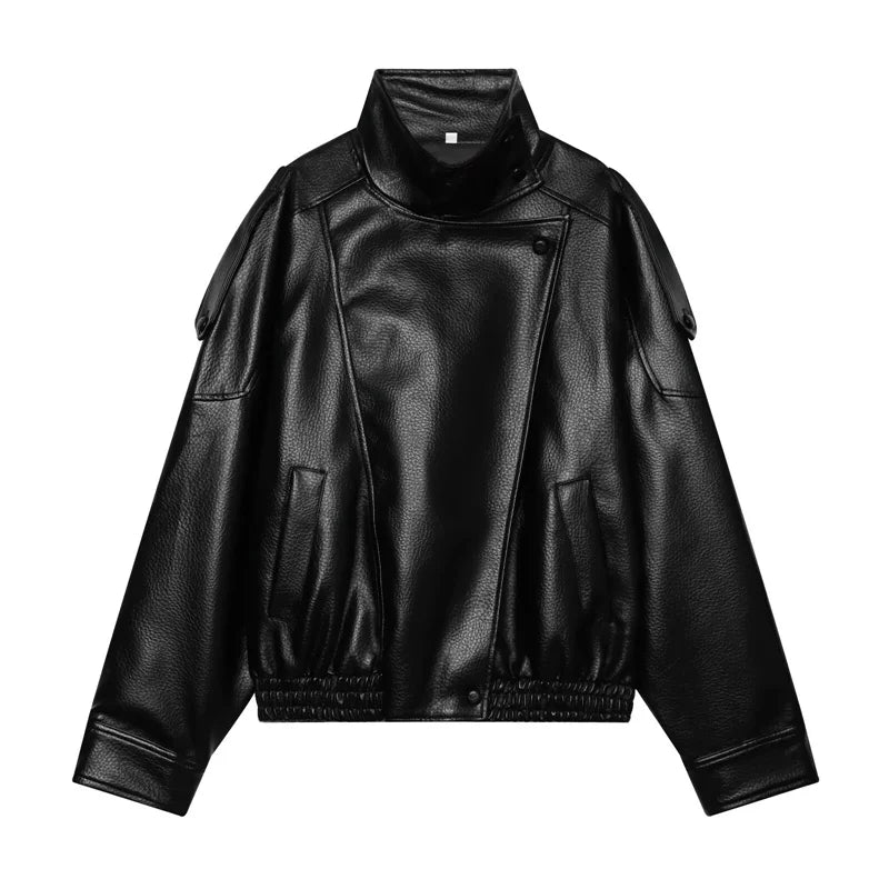 Women's Faux Leather Jacket 2025 New Fashion Autumn Black Long Sleeve Pebble Jacket Motorcycle Style Personality Ladies Jacket