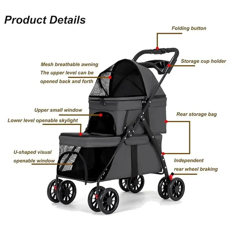 Dual‑Layer Pet Stroller Foldable Travel Dog Cat Cart Breathable Mesh Wagon with Cup Holder Storage Bag for Small Animals
