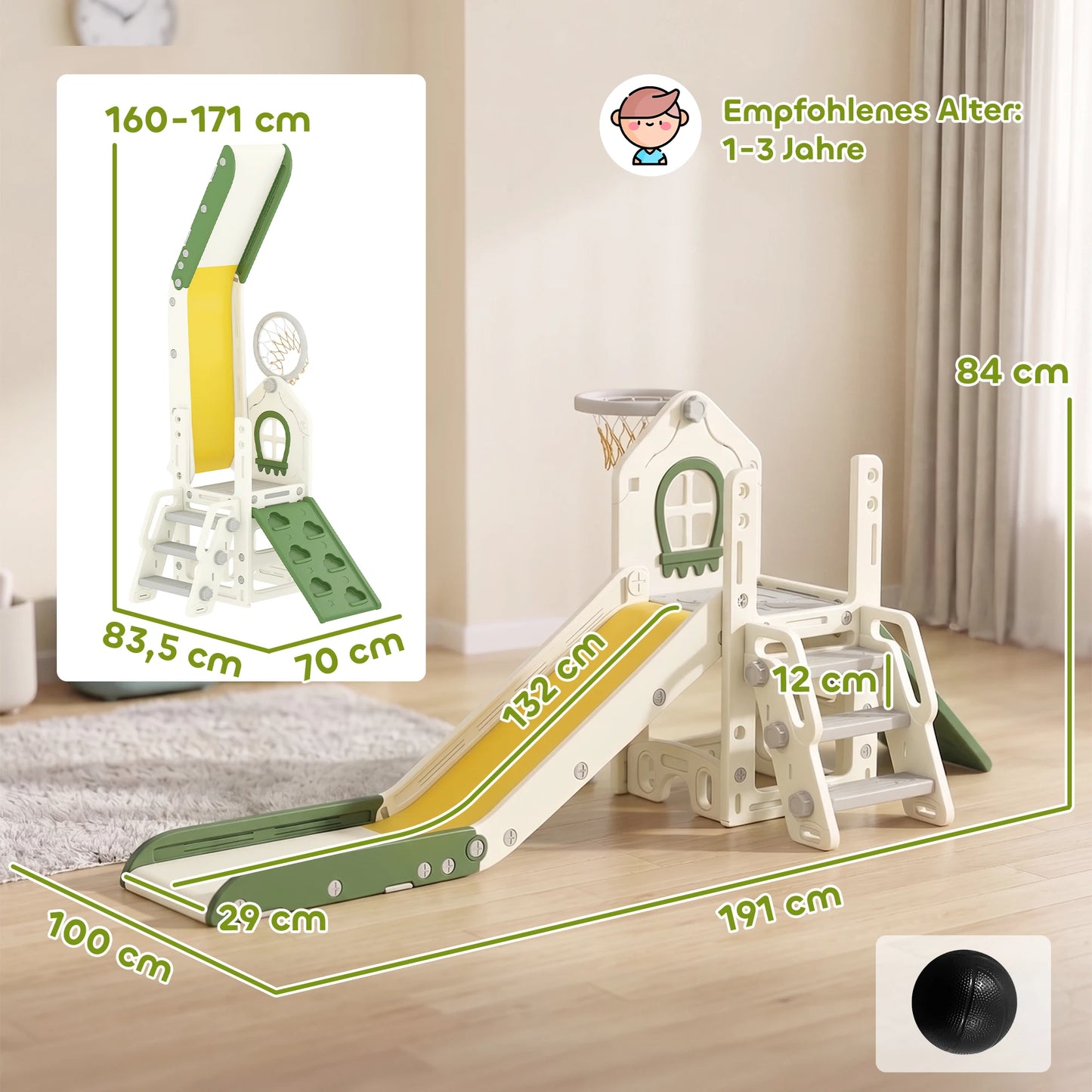 4-in-1 foldable slide with a climbing element, basketball hoop, storage space, and a basketball for children aged 1 to 3, cream white
