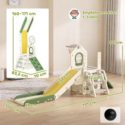 4-in-1 foldable slide with a climbing element, basketball hoop, storage space, and a basketball for children aged 1 to 3, cream white