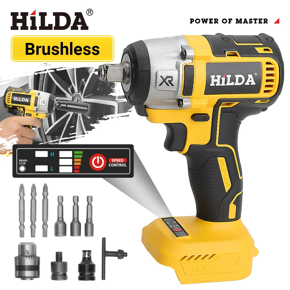 HILDA 1/2" Brushless Impact Wrench 1200N.m High Torque Electric Wrench Power Tool for Scaffolding Tire Repair For Makita Battery