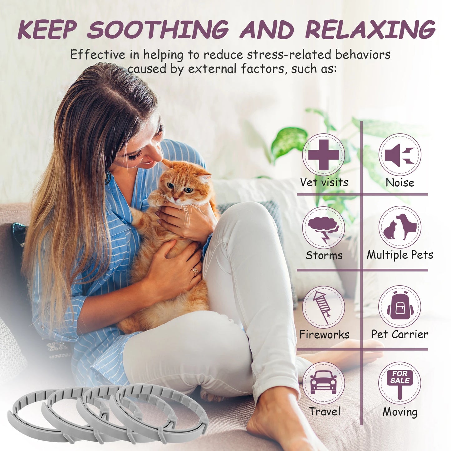 4Pcs Cat Calming Collar Cat Pheromone Collar Anti-Anxiety Comfort Cat Calm Collar Helps with Aggression for All Types of Cats