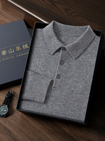 ANGEL 2024 Men's New POLO Shirt 100% Cashmere Knitted Pullover Solid Color Sweater Fall Winter Casual Business Office Jacket