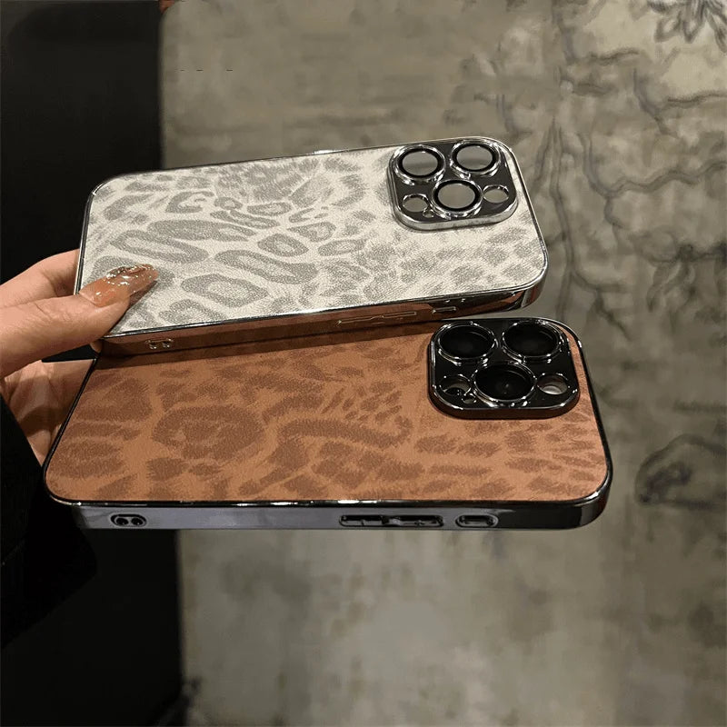 Luxury Plating Leopard Texture Leather Case For iPhone 17 16 15 14 Plus 13 12 11 Pro Max Lens Protection Shockproof  Cover Capa