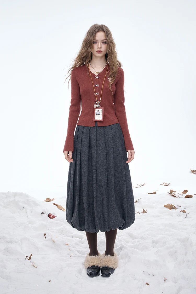 ELFSACK 2025 Dark Gray Pleated Skirt Women, Preppy Elegant Tiered Midi Skirt with Bubble Hem, Winter Mini/Maxi Half Skirt