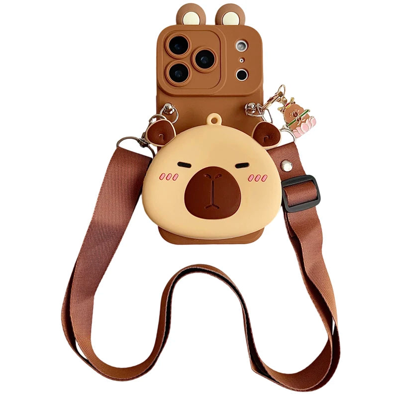 For iPhone 17 16 15 14 13 12 11 XR Xs 6 6s 7 8 SE Pro Max mini Plus e Capybara head Wallet Case With Accessories