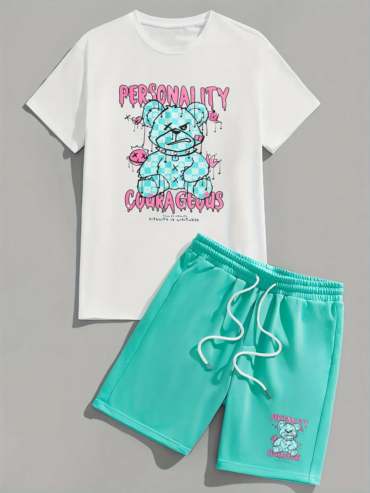 2026 Summer Casual Short-Sleeve Fashionable Breathable Sports Set Loose-Fit Quick-Dry Men's Short-Sleeve Hip-Hop Bear Print Set