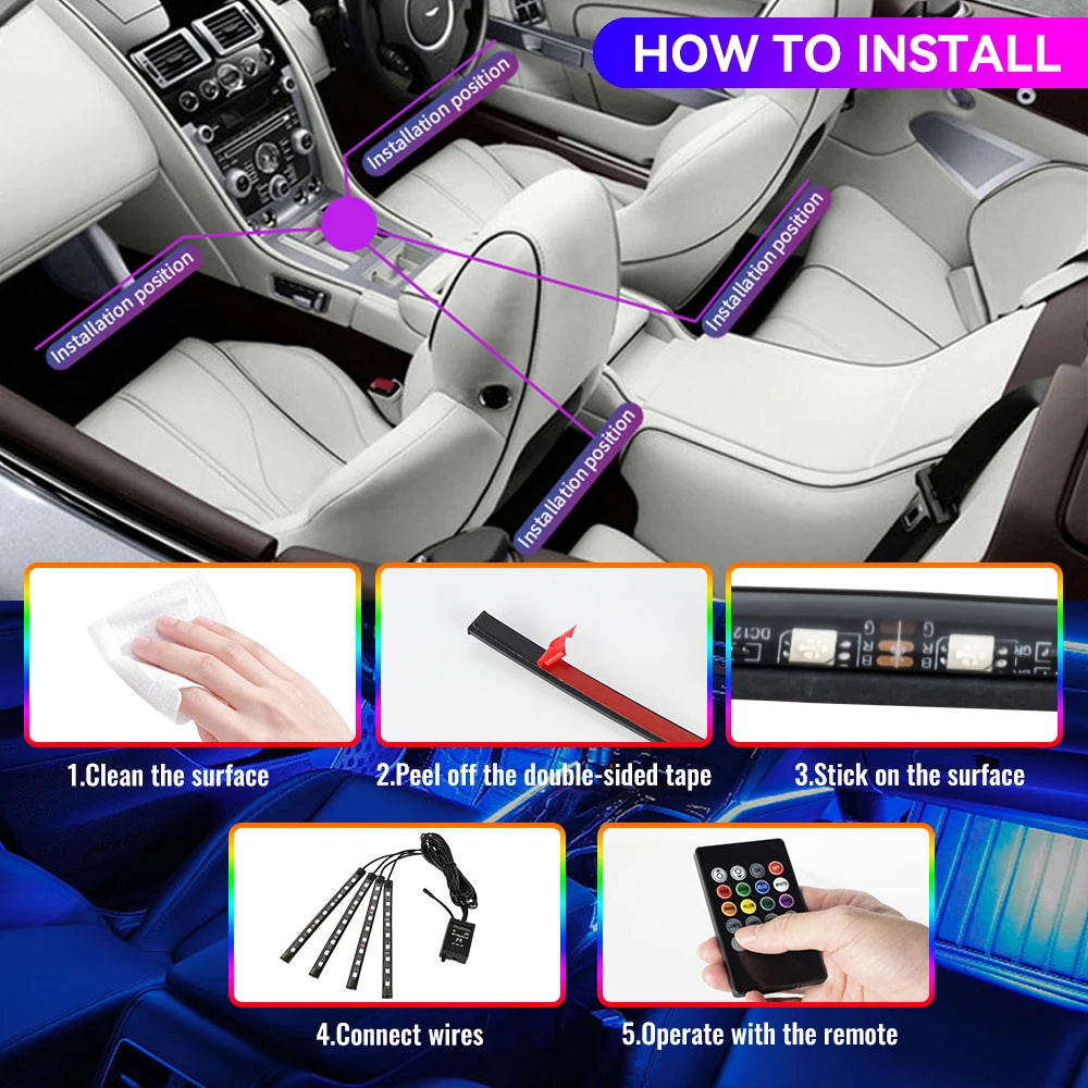 Neon 36 48 72 LED Car Interior Ambient Foot Light Kit Backlight Remote App Music Control Auto RGB Atmosphere Decorative Lamp