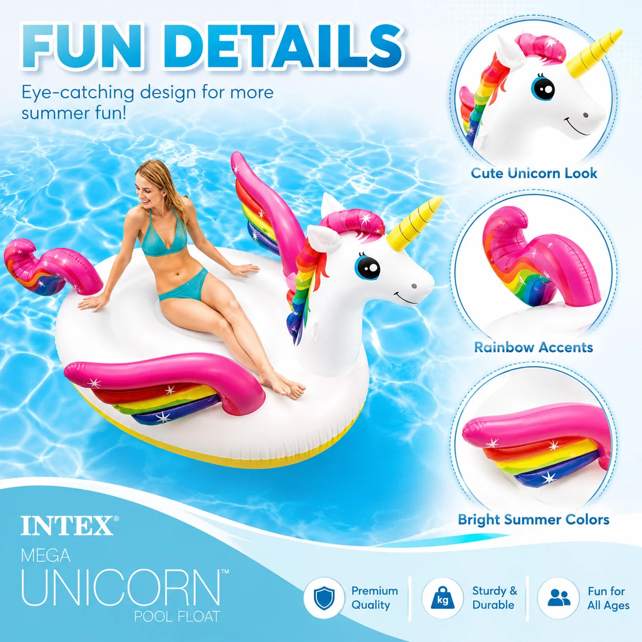 INTEX Mega Unicorn Inflatable Pool Float Large Ride-On Swimming Island Rainbow Unicorn Water Lounger for Adults Summer Pool Party