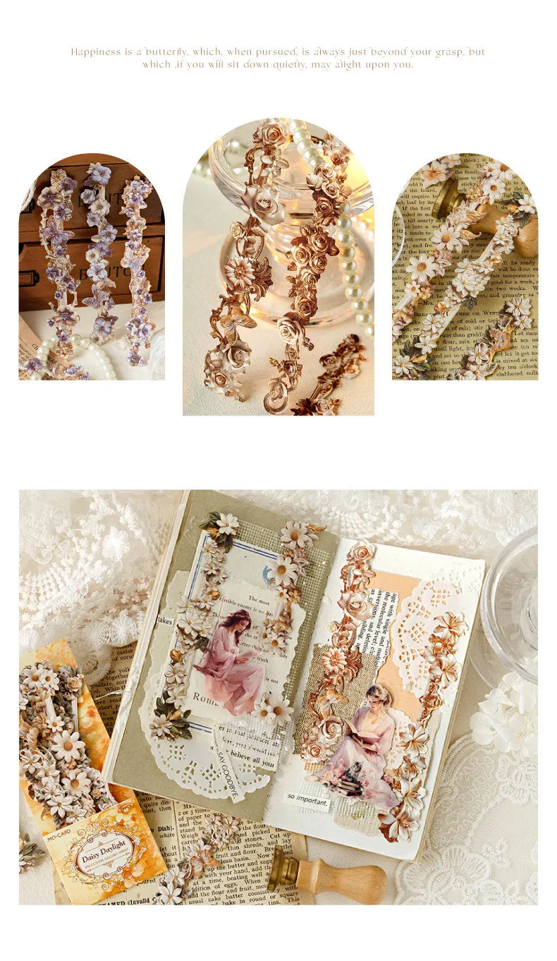 Journamm 10pcs Long Floral Stickers Hollow Relief Craft DIY Scrapbooking Collage Stationery Decor Junk Journal Frame Sticker