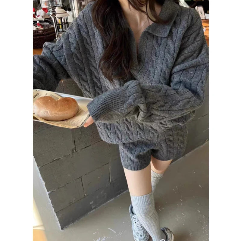 Autumn Winter Pullover Loose Women Sweater Knitted Shorts 2 Two Piece Sets Office Fashion Outfits Lapel Casual Long Sleeve Tops