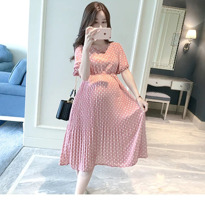Summer Maternity Dress for Pregnant Women Petal Collar Bubble Sleeve High Waist Peter Pan Casual Temperament Gown