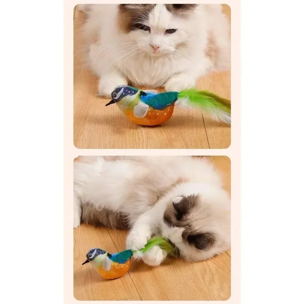 Bird Sound Cat Toy Brown Green Blue Color Options and Combination Set Plush Feather Hanging Teaser for Indoor Cats Chasing Play