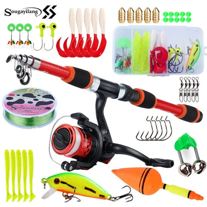 Sougayilang Kids Fishing Pole Set Full Kits with Telescopic Fishing Rod and Spinning Reel Baits Hooks Saltwater Travel Pole Set