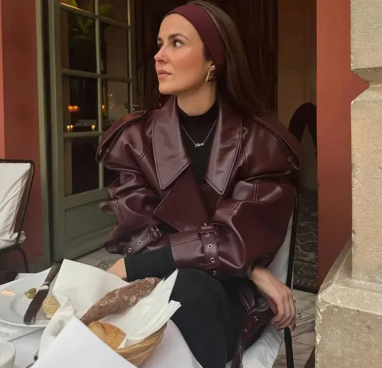 Vintage Lapel Leather Biker Jacket Women Bomber Jacket Short Coat Streetwear Zip Long Sleeve Windproof Outerwear Black Wine Red