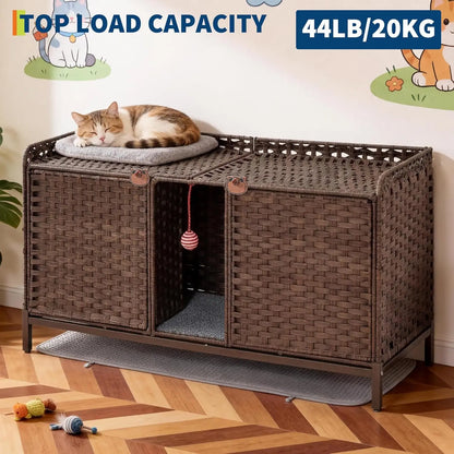 Rattan Cat House Double Cat Litter Box Enclosure Furniture 2 Cats | Double Room Cat Cabinet, with Washable Litter Mat & 2 Hooks, Easy Assembly, 47.2"L x 19.7"W x 23.6"H Walnut
