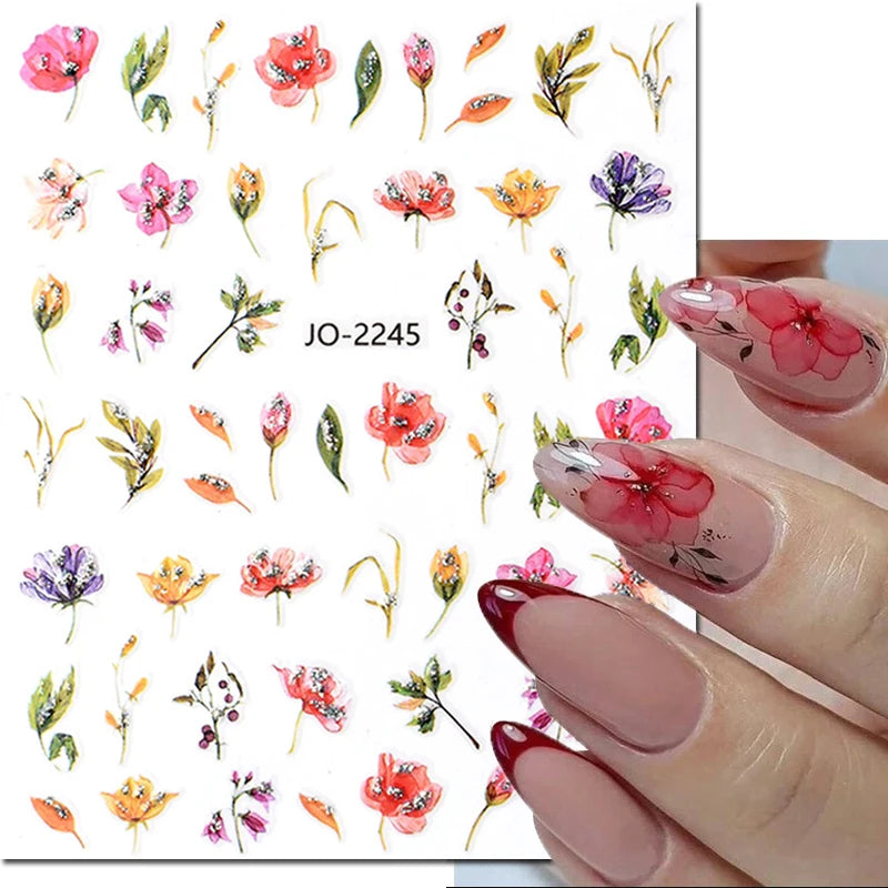 3d Nails Art Decals Spring Fruits Pink Full Tips Peony Magnolia Flowers Adhesive Sliders Stickers Decoration For Nails Manicure