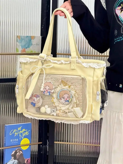 Japanese Sweet Women Ribbon Ita Bag Cute Lolita Girl Transparent Handbags Fashion Large Capacity Tote Bag Aesthetic Shoulder Bag