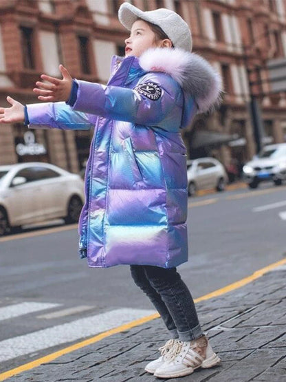 Winter Girls Shiny Hooded Down Jacket Fur Collar Windproof Coat Teenage Outerwear Kids Parka Snowsuit Clothing New 5-14 Years